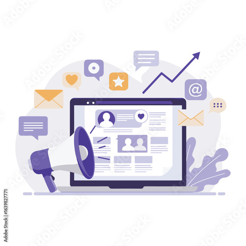 An illustration of a laptop displaying social media profiles and a rising graph, representing a successful digital marketing strategy.
