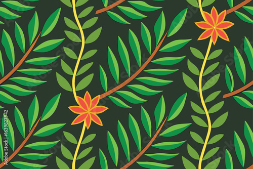 Seamless vector floral pattern with vintage green leaves, spring flowers, and yellow foliage illustration