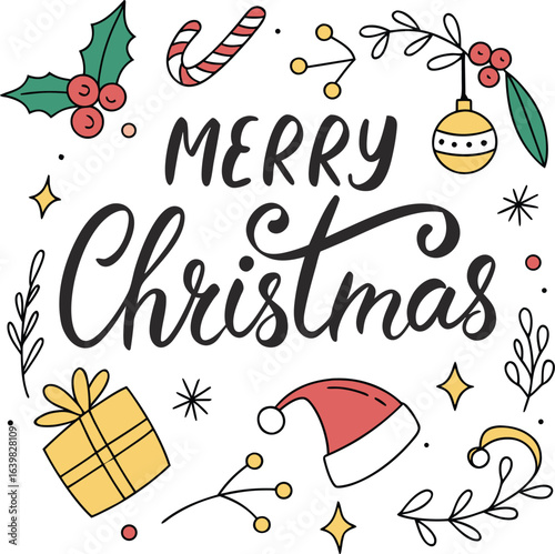 Merry Christmas Hand Drawn Greeting Card Design with Santa Hat, Holly, Candy Cane, Gift Box, Ornaments, and Decorative Festive Elements Vector Illustration for Holiday and Winter Celebrations