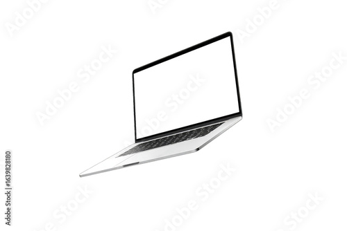 A laptop computer, light gray, angled, floating against a black background.  A blank screen is visible
