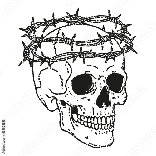 Skull with Barbed Wire Crown Stipple Art