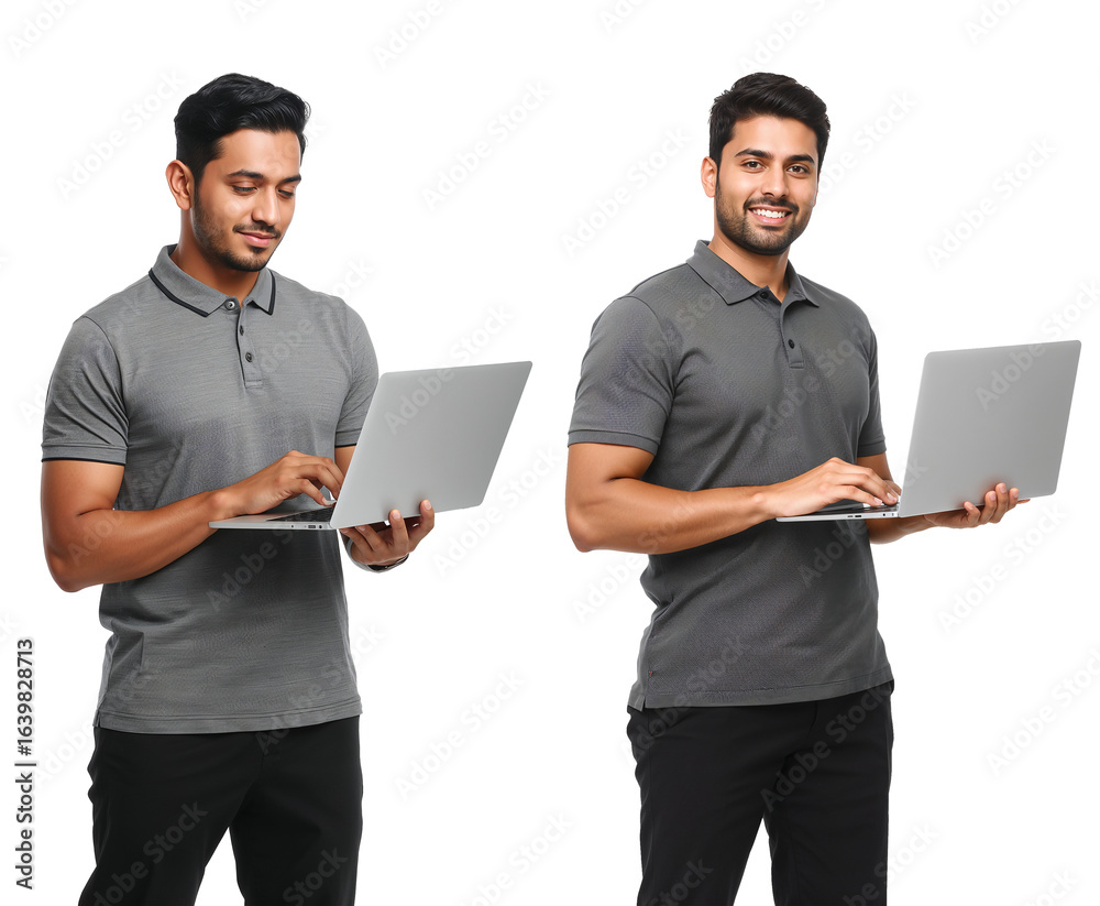 Three Confident young man happily working on laptop, showcasing modern professionalism and digital engagement for business success. on transparent background Three Confident young man happily working on laptop, showcasing modern professionalism and digital engagement for business success. on transparent background