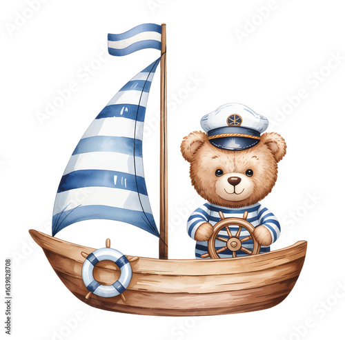 Cute sailor bear in a watercolor wooden boat. Watercolor baby bear captain with striped sail.