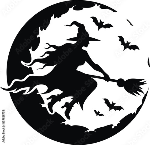 Full moon with a witch silhouette flying across it isolated on white background isolated on transparent background