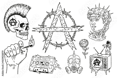 Punk Rock Anarchy Stipple Vector Set