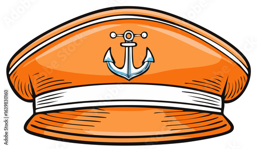Orange captain hat with anchor emblem and white band, nautical headwear graphic
