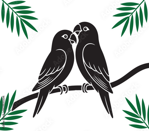 Two silhouette lovebirds perched on a branch with leaves