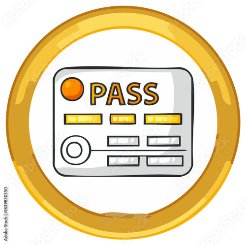 Cartoon Pass ID card icon in a gold frame for access and identification