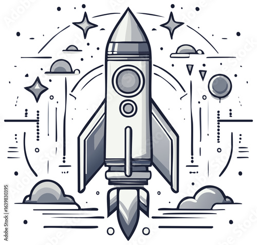 Illustration of a stylized rocket ship launching with cosmic elements