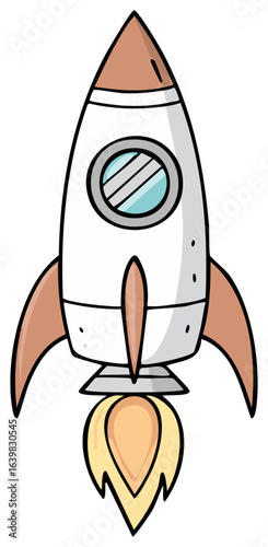 Cartoon rocket launch on white: Cute spaceship blasts off, flames ignite for flight