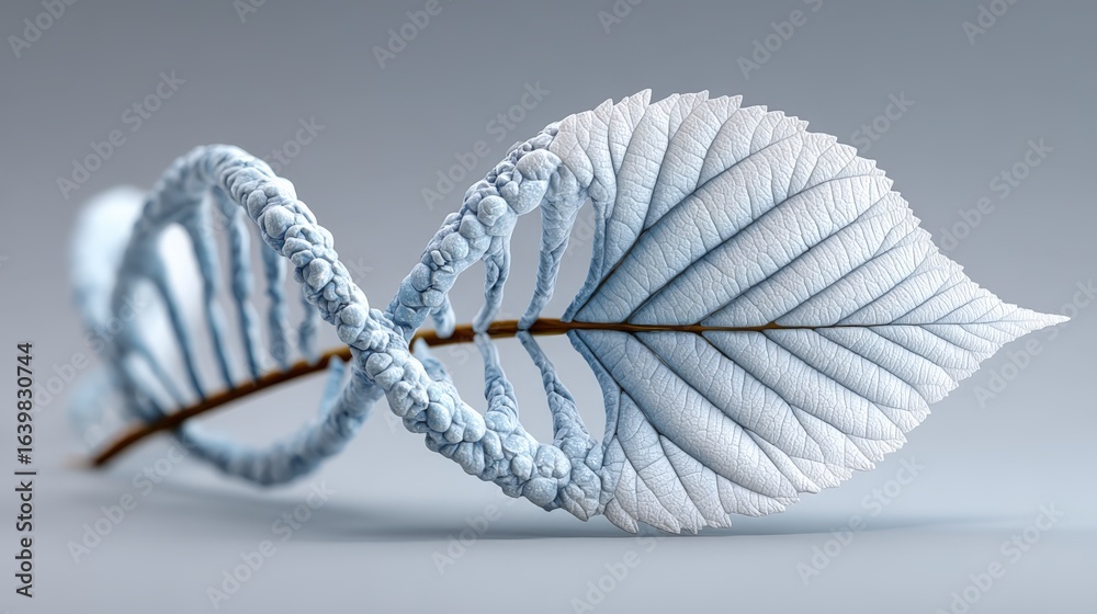 Fototapeta premium Stylized DNA strand with a glossy leaf symbolizing genetic innovation