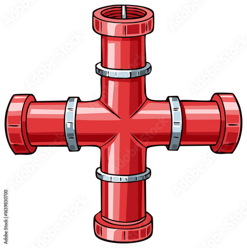 Cartoon illustration of a red pipe connector with silver bands