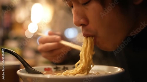 Close-up shot of a man enjoying a bowl of ramen noodles with chopsticks in a dimly lit interior restaurant, conveying a warm and satisfying mood.