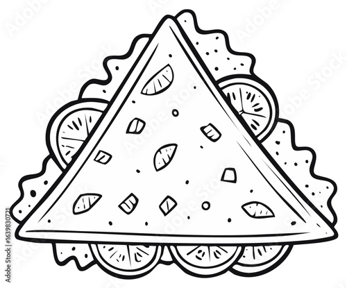 Doodle style illustration of a tortilla sandwich with orange slices and toppings, outline, vector illustration of a triangle pita wrap