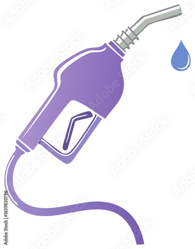 Illustration of a purple gas pump nozzle dripping a blue liquid droplet