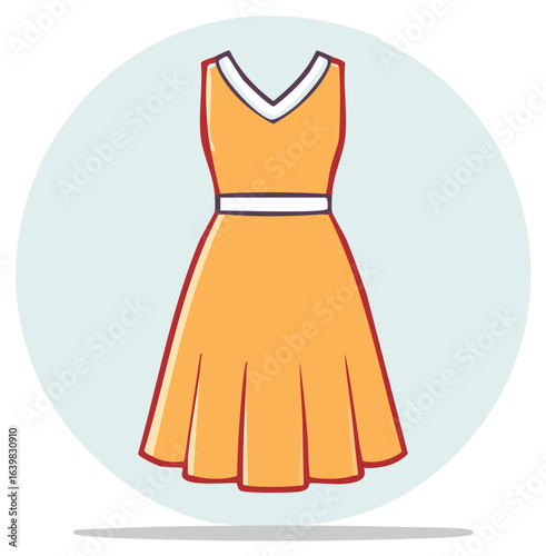 Cartoon style illustration of an orange dress with a v-neck and skirt