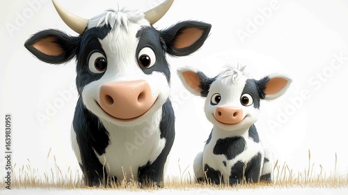 Happy mother and baby cows smiling in a sunny meadow surrounded by grass
