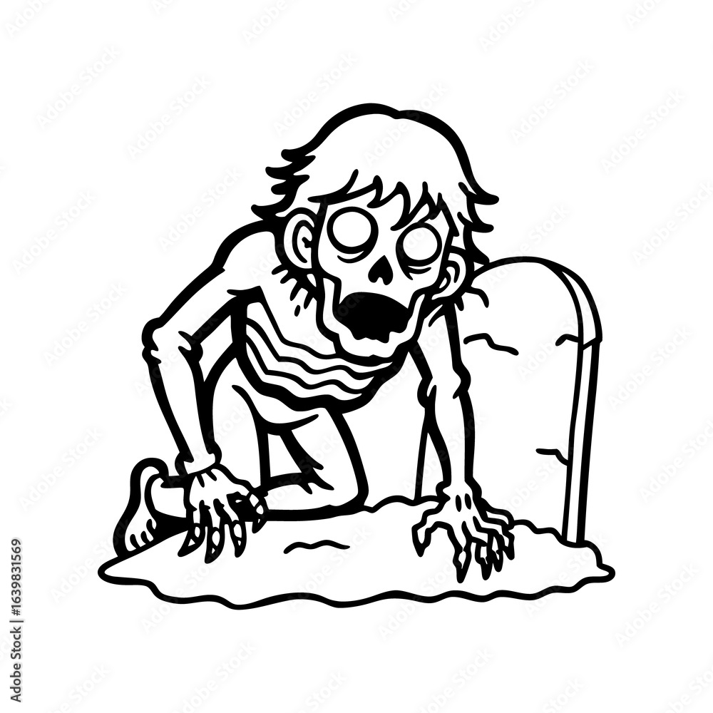 Fototapeta premium Creepy cartoon zombie crawling out of the ground next to a tombstone isolated on white background isolated on transparent background