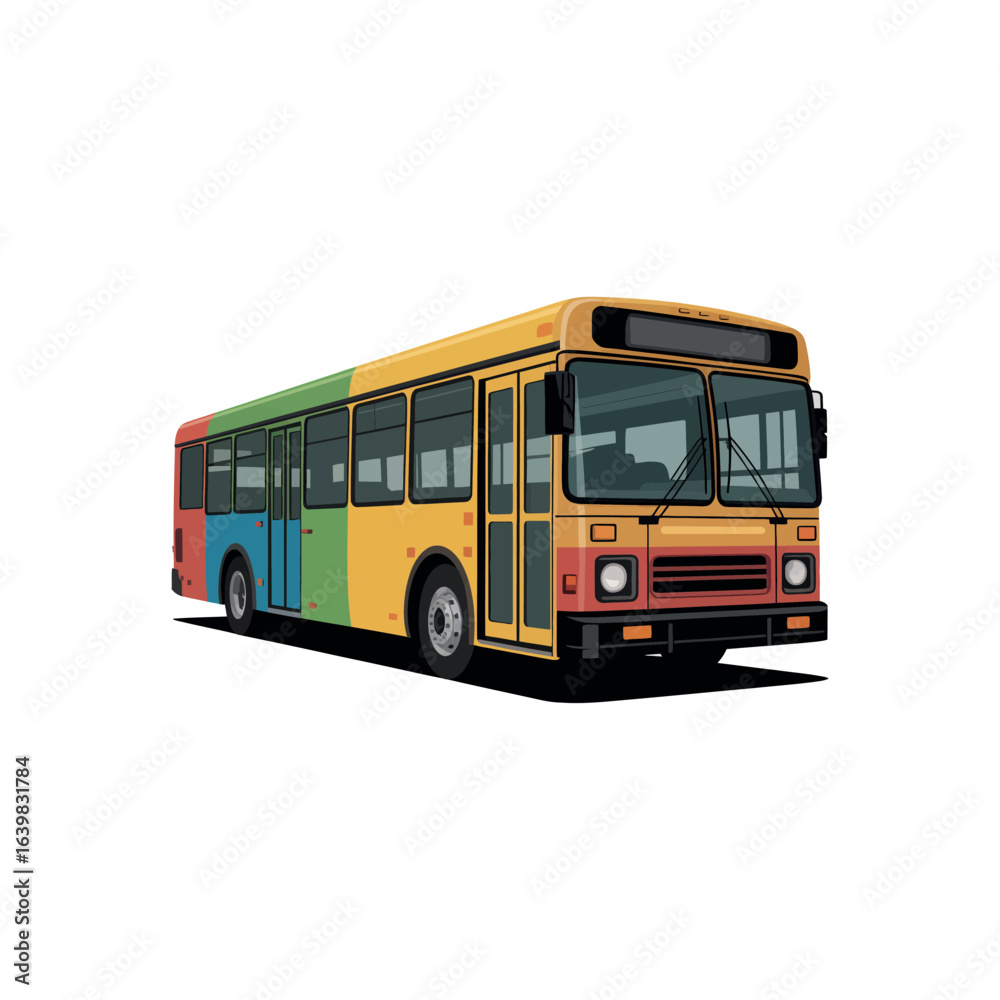 Yellow and red city bus with colorful panels on white background public transport transportation Yellow and red city bus with colorful panels on white background public transport transportation