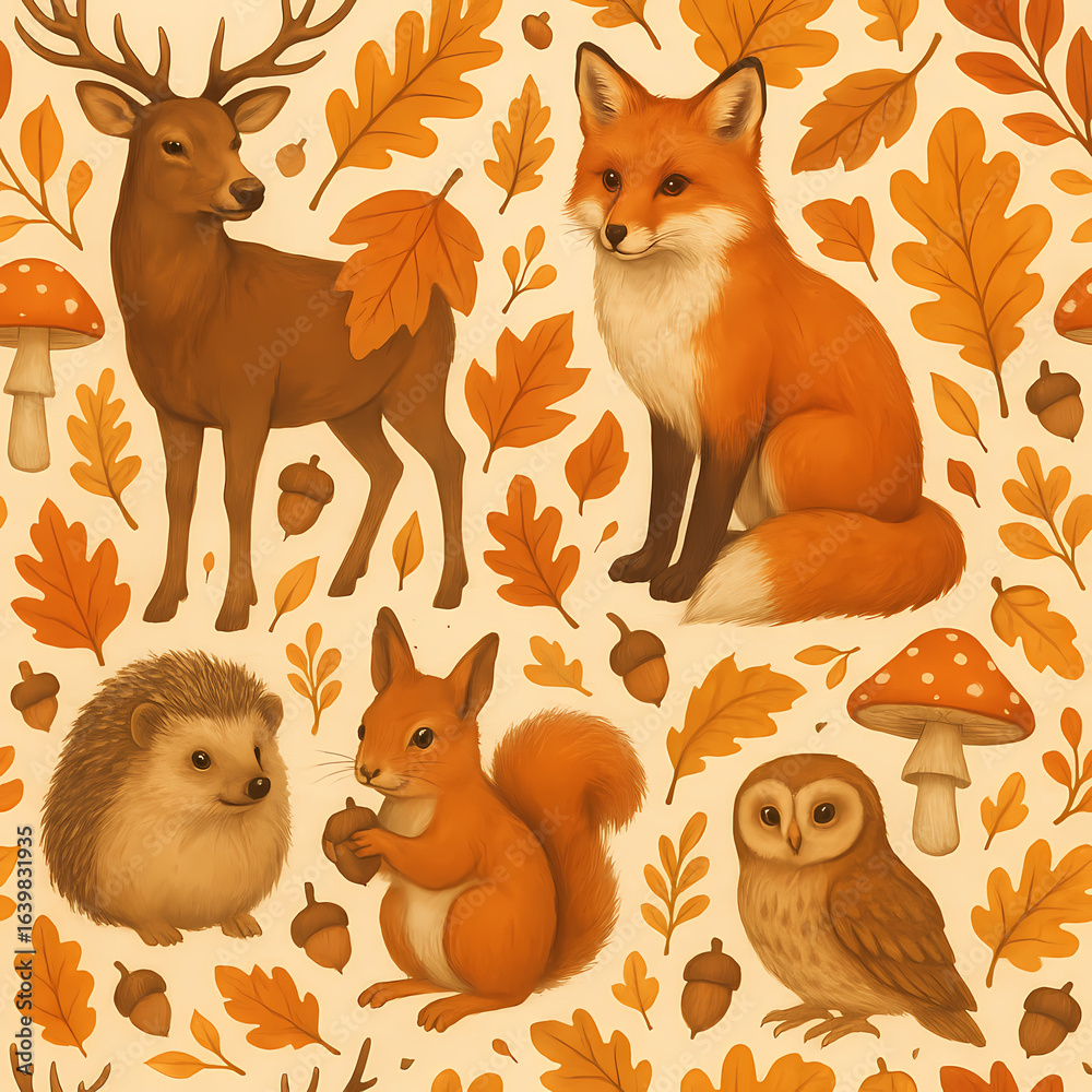 Fototapeta premium A charming pattern of woodland animals including a deer, fox, squirrel, hedgehog, and owl among autumn leaves and acorns.