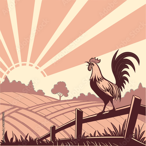 Vibrant illustration of a rooster crowing at sunrise, capturing early morning energy with warm colors and rural charm