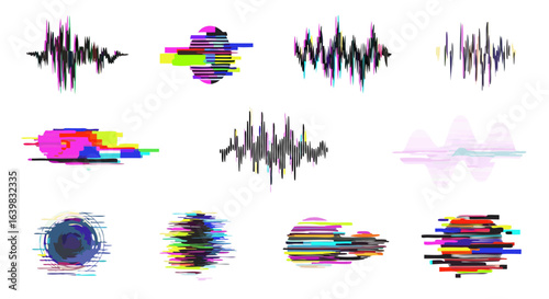 Abstract waveform patterns with digital glitch effects in vibrant colors for dynamic sound visualizations and modern digital art design