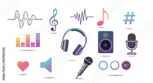 Collection of music and audio icons representing sound waves, instruments, and audio equipment for media and entertainment themes
