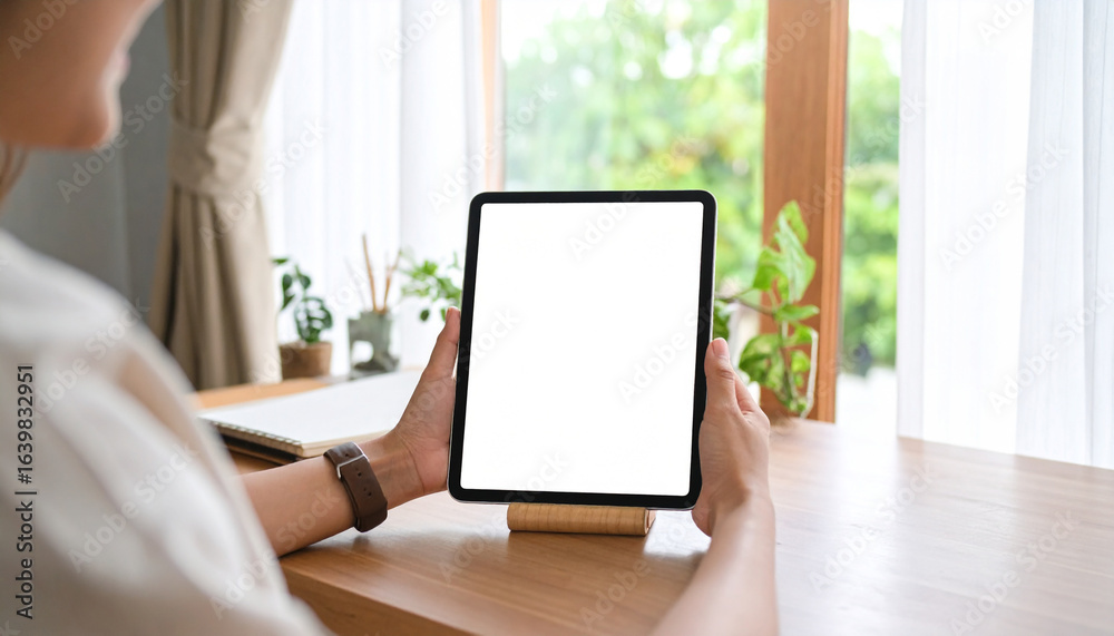 Fototapeta premium Over the shoulder view of a woman holding a digital tablet with a blank screen mockup, sitting at a desk in a cozy home office.