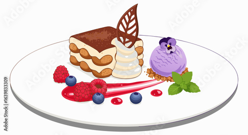 Delicious layered tiramisu dessert with fresh berries and mint garnished with chocolate and vanilla cream on elegant white plate