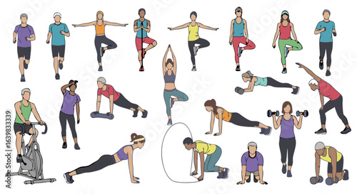 group of diverse people practicing various fitness exercises and yoga poses in a well-lit studio environment