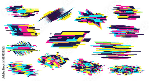 Abstract glitch art with vibrant pixelated distortion patterns in dynamic composition emphasizing digital chaos and modern visual experimentation