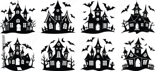 Vector art of collection of eight spooky haunted house silhouettes with bats, isolated on transparent background
