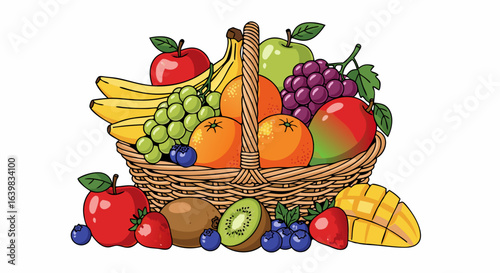 Colorful Illustration of Fresh Fruit Basket Featuring a Variety of Juicy Fruits and Vibrant Hues for Healthy Snacking and Nutritional Delight