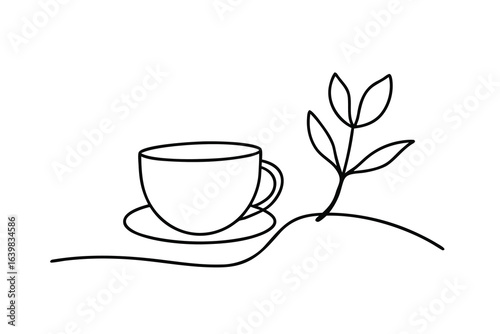 Minimalist continuous line drawing a coffee cup saucer with a plant single