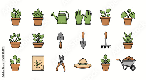 collection of gardening tools and potted plants showcasing horticulture essentials and outdoor planting equipment for cultivating green spaces and