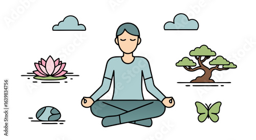 Serene individual practicing meditation outdoors amidst nature's tranquil scenery of water lilies bonsai trees clouds and a butterfly illustrating