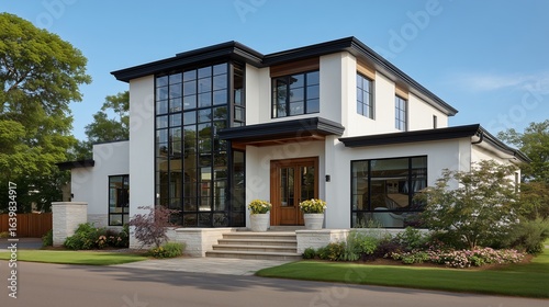 modern house with black windows and doors
a tidy garden, and a clear sky above
