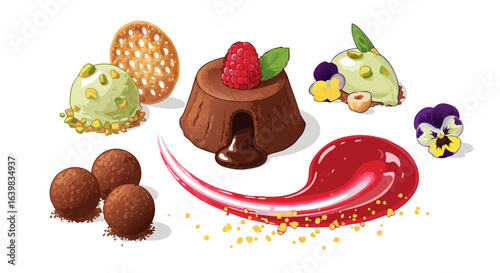 Delicious assortment of gourmet desserts including puddings, truffles, and fruity treats arranged with vibrant colors and textures for sweet