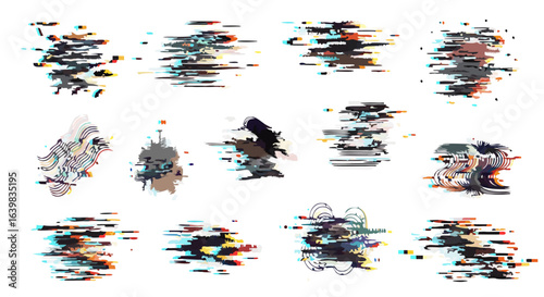 Abstract digital glitch art featuring distorted rectangular shapes and multicolored streaks conveying motion and chaos