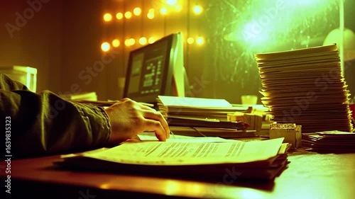 Closeup of Hand Writing Notes in Dimly Lit Office with Stacks of Papers and Computer Screen