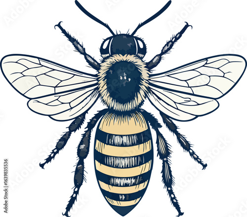 Line art honey bee illustration with white background
