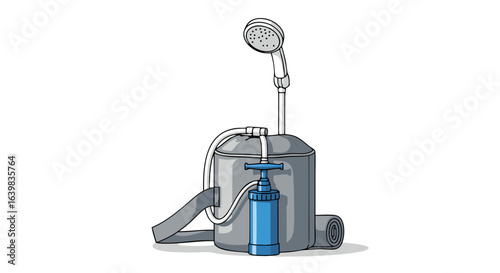 Simplified illustration of a compact water filtration system with a handheld shower head and filter cartridge for household use