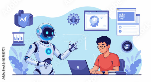 Innovative Artificial Intelligence and Robotics Collaboration in a Modern Workspace for Future Technology Development