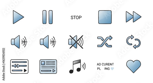 Collection of modern multimedia control icons including play, pause, stop, forward, rewind, volume adjust, mute, shuffle, repeat, playlist, lyrics,