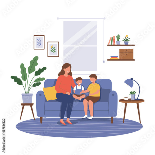 Mother and children sitting in modern living room