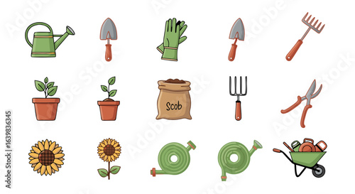 Complete gardening and landscaping tools set with watering cans, shovels, gloves, garden pruners, fertilizer, sunflower seeds, and garden hoses for