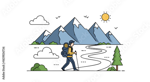 Serene lone hiker trekking through majestic snow-capped mountain landscape during daytime with vibrant sun and lush greenery