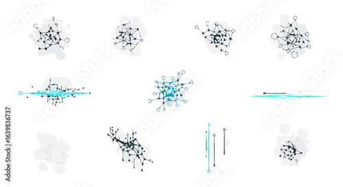 Abstract molecular network illustrations depicting dynamic chemical and biological interactions with interconnected nodes and lines