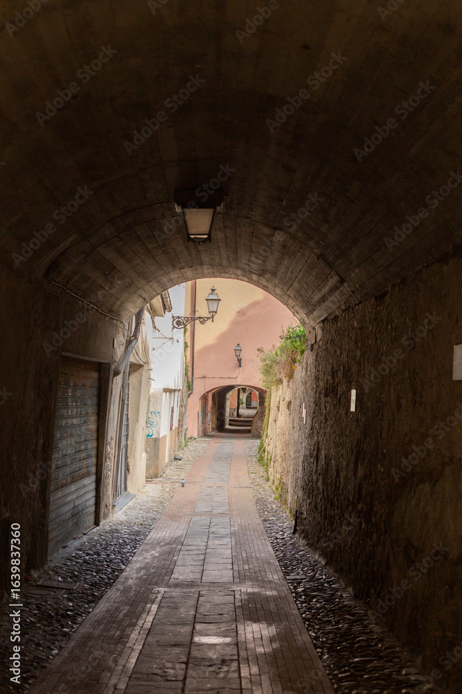 Obraz premium Medieval houses in Albenga, characterized by narrow alleys called carrugi, and arches, support bridges between the houses in the historic center, in the province of Savona, Liguria.