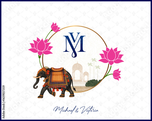 Elegant Indian wedding monogram featuring a golden circular frame, delicate pink lotus flowers, a traditional decorated elephant, and a palace silhouette. Perfect for royal-themed and premium weddings